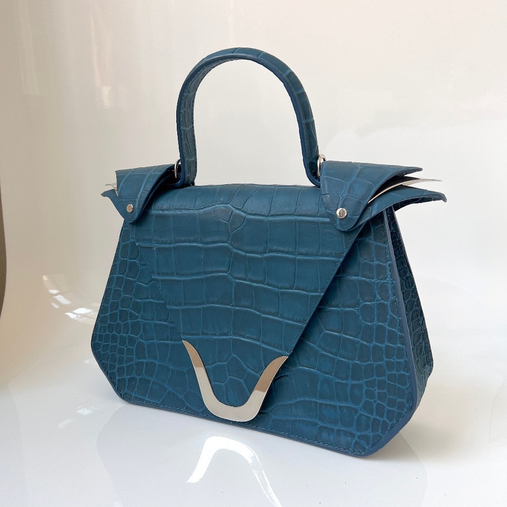 $899 NEW LYA LYA Mini Armor Vault Croc Teal Silver Crossbody Top Handle Handbag